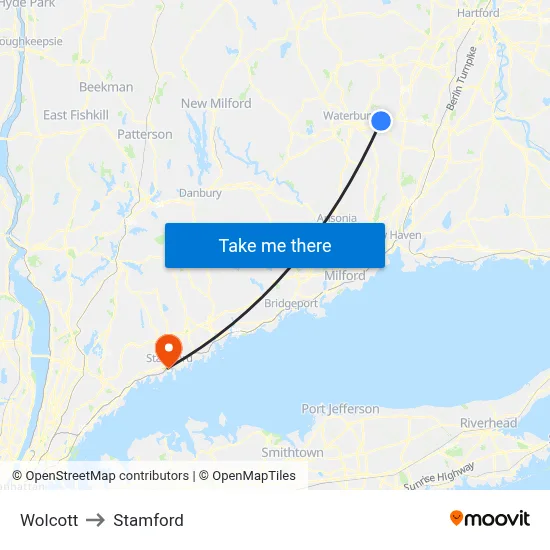 Wolcott to Stamford map