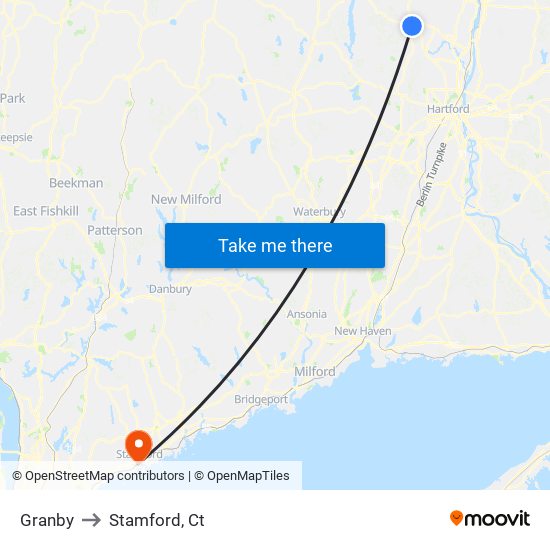 Granby to Stamford, Ct map