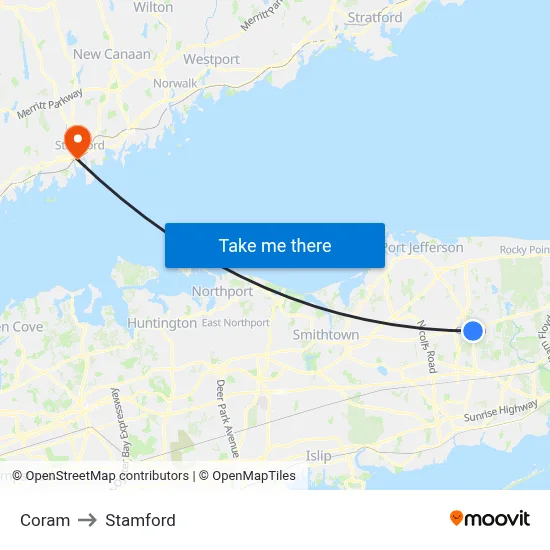 Coram to Stamford map