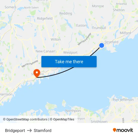 Bridgeport to Stamford map