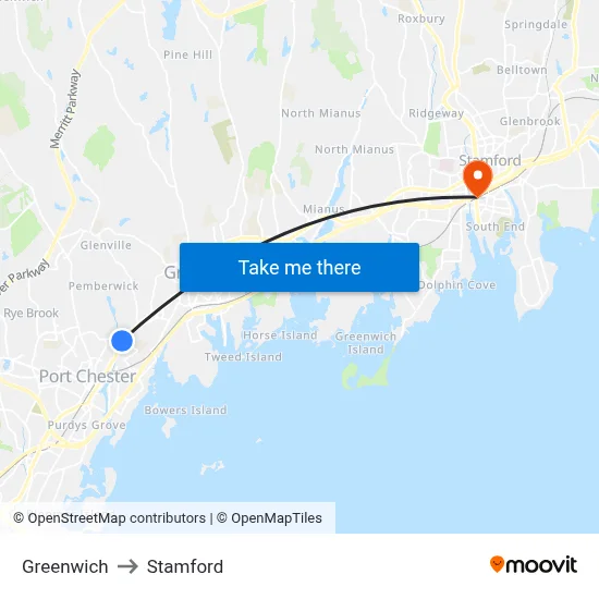 Greenwich to Stamford map
