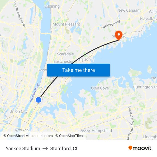 Yankee Stadium to Stamford, Ct map
