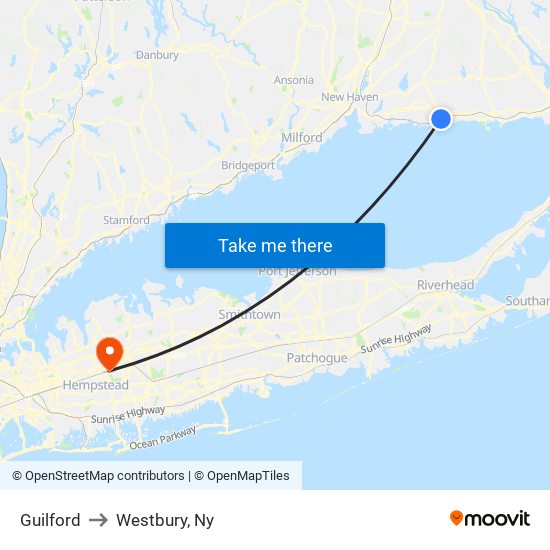 Guilford to Westbury, Ny map