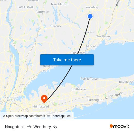 Naugatuck to Westbury, Ny map