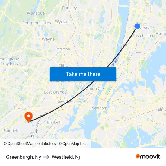 Greenburgh, Ny to Westfield, Nj map