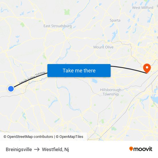 Breinigsville to Westfield, Nj map