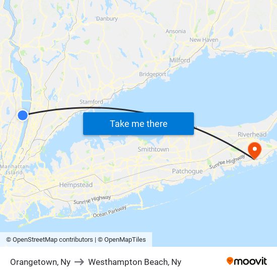 Orangetown, Ny to Westhampton Beach, Ny map