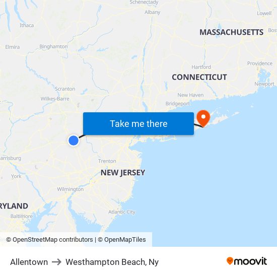 Allentown to Westhampton Beach, Ny map