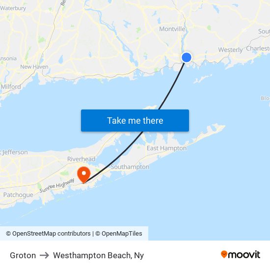 Groton to Westhampton Beach, Ny map