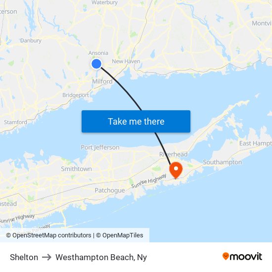 Shelton to Westhampton Beach, Ny map