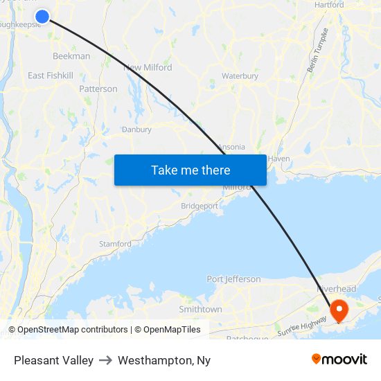 Pleasant Valley to Westhampton, Ny map