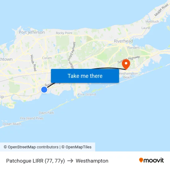 Patchogue LIRR (77, 77y) to Westhampton map