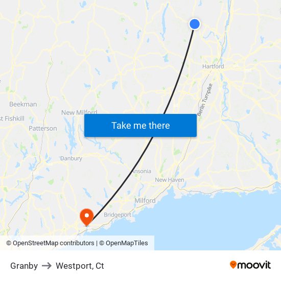 Granby to Westport, Ct map