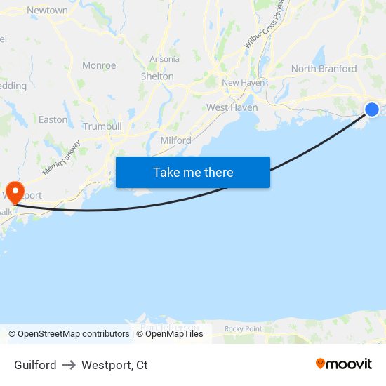 Guilford to Westport, Ct map