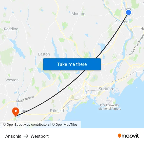 Ansonia to Westport map