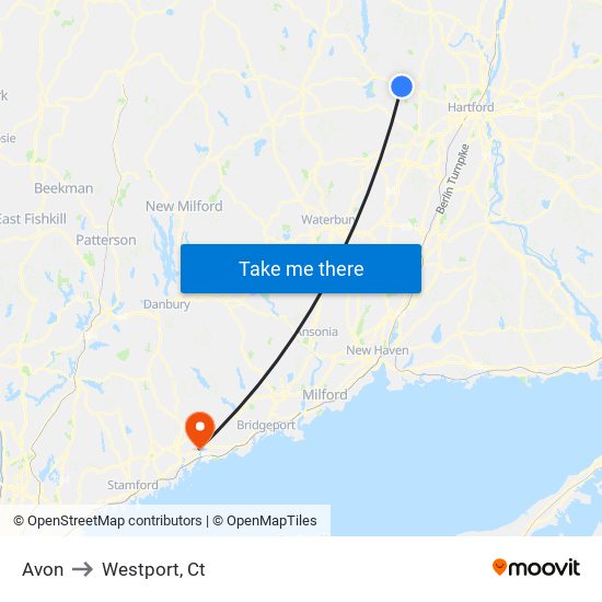 Avon to Westport, Ct map