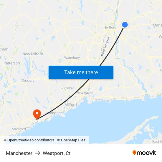 Manchester to Westport, Ct map