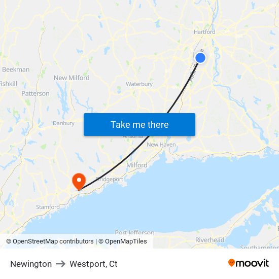 Newington to Westport, Ct map