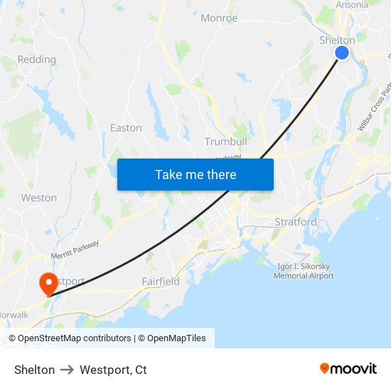 Shelton to Westport, Ct map