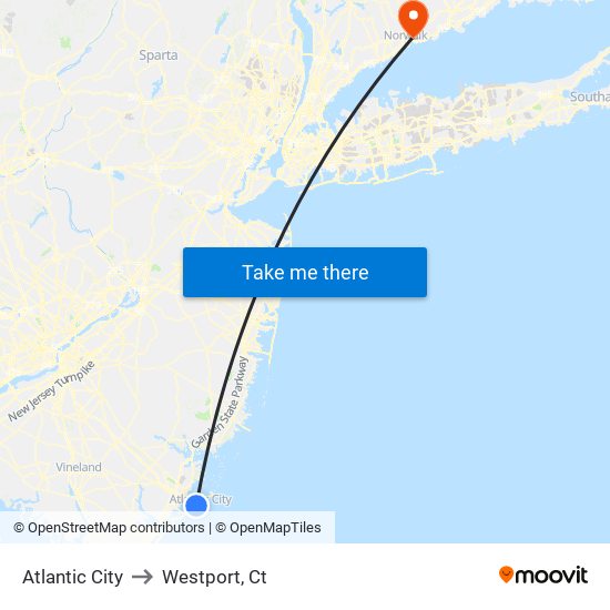 Atlantic City to Westport, Ct map