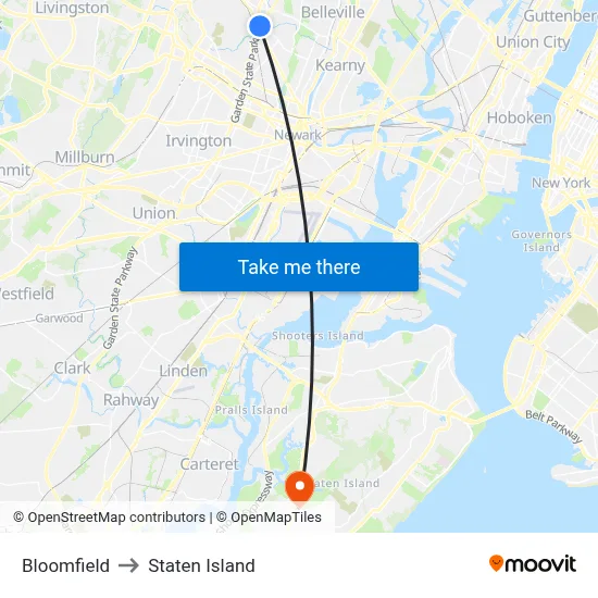 Bloomfield to Staten Island map