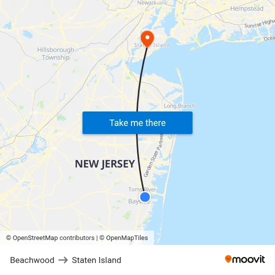 Beachwood to Staten Island map