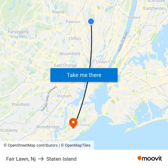 Fair Lawn to Staten Island map