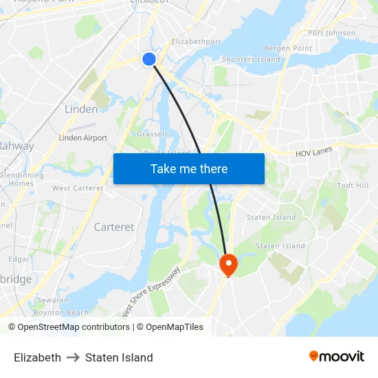Elizabeth to Staten Island map