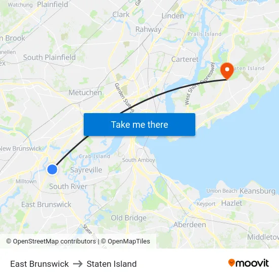 East Brunswick to Staten Island map