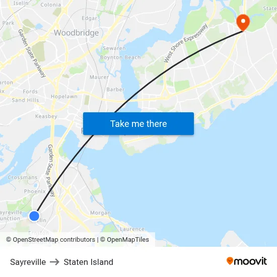 Sayreville to Staten Island map
