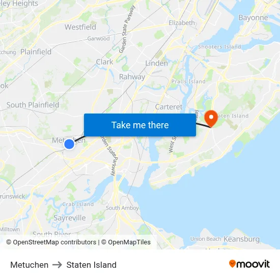 Metuchen to Staten Island map
