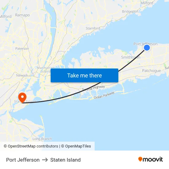 Port Jefferson to Staten Island map