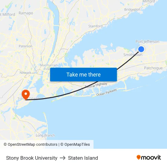Stony Brook University to Staten Island map