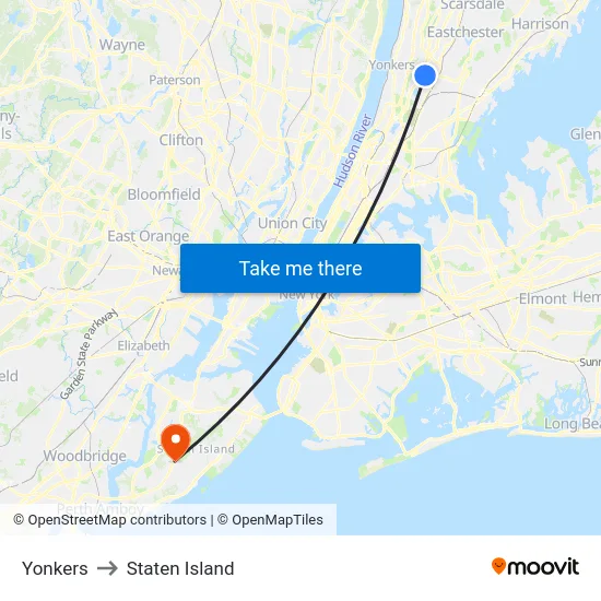 Yonkers to Staten Island map
