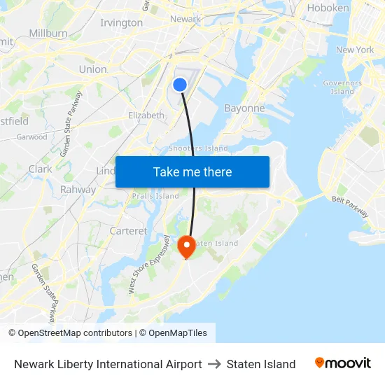 Newark Liberty International Airport to Staten Island map