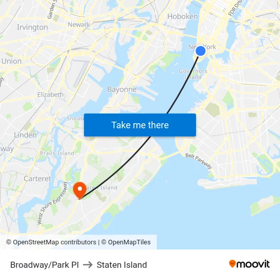 Broadway/Park Pl to Staten Island map
