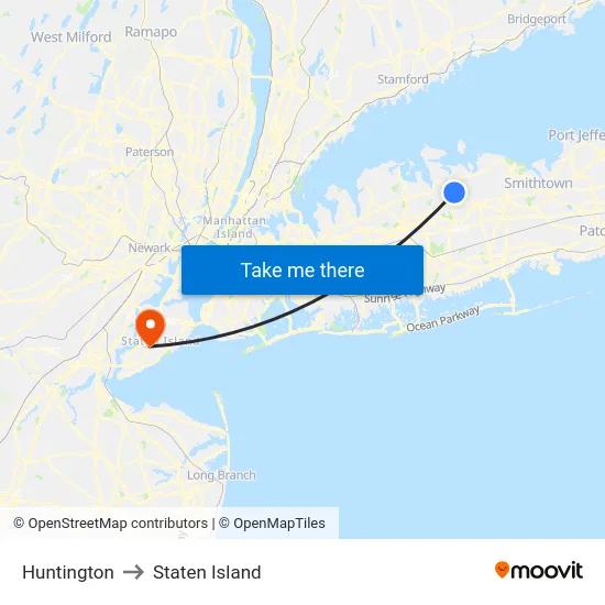 Huntington to Staten Island map
