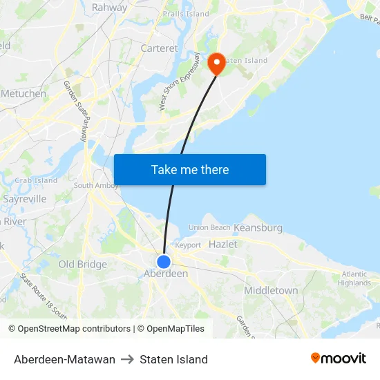 Aberdeen-Matawan to Staten Island map