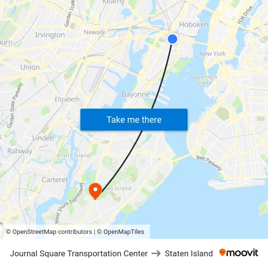 Journal Square Transportation Center to Staten Island map