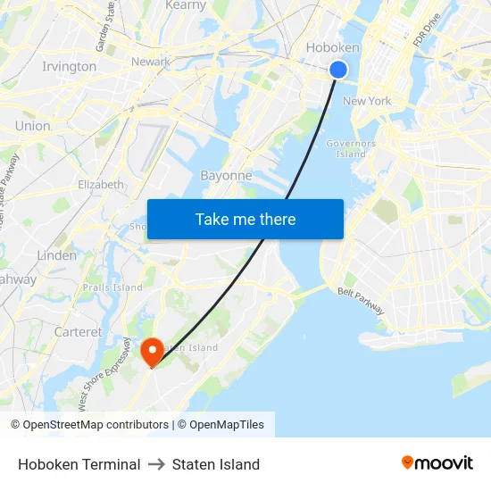 Hoboken Terminal to Staten Island map