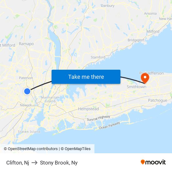 Clifton, Nj to Stony Brook, Ny map