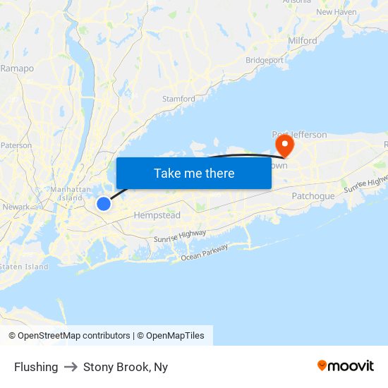 Flushing to Stony Brook, Ny map