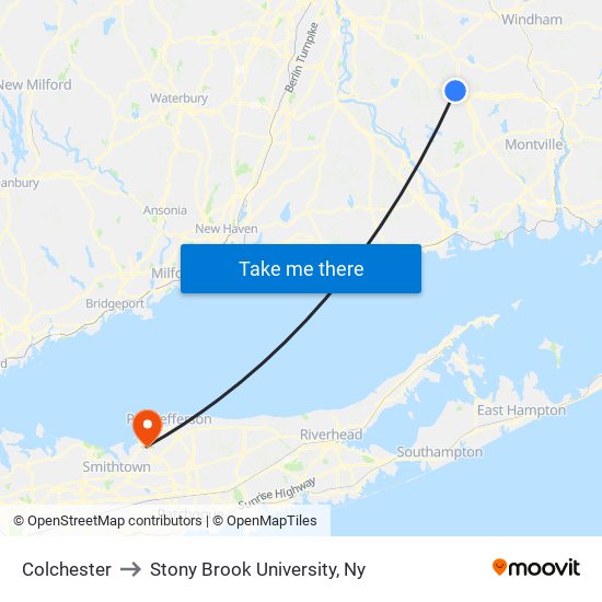Colchester to Stony Brook University, Ny map