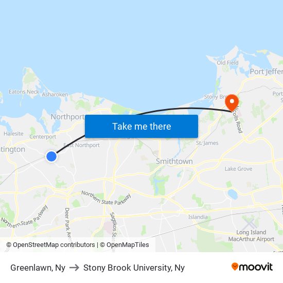 Greenlawn, Ny to Stony Brook University, Ny map