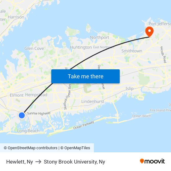 Hewlett, Ny to Stony Brook University, Ny map