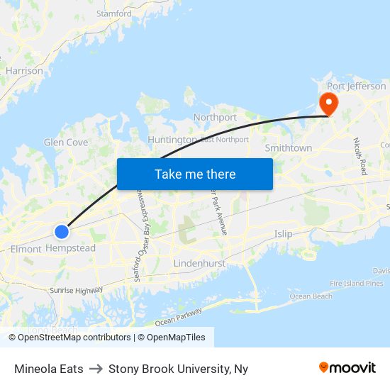 Mineola Eats to Stony Brook University, Ny map