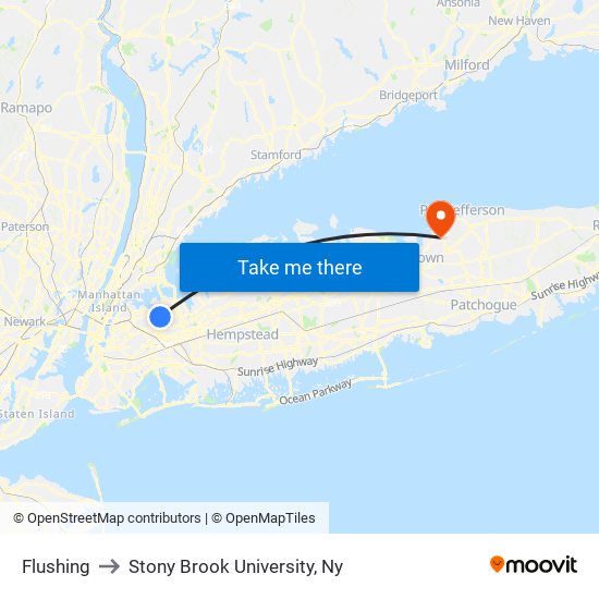 Flushing to Stony Brook University, Ny map