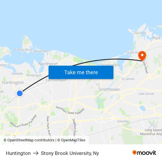 Huntington to Stony Brook University, Ny map
