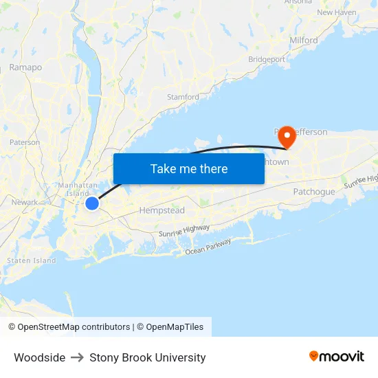 Woodside to Stony Brook University map