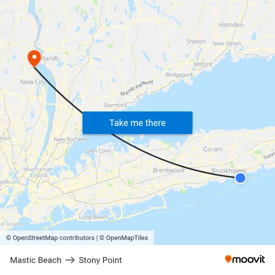 Mastic Beach to Stony Point map
